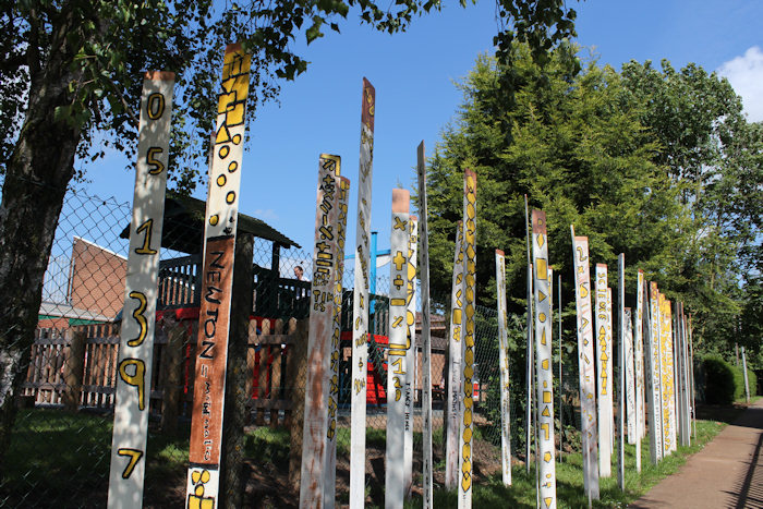 This new wood henge is a collaborative sculpture installation by Laury Dizengremel and pupils from Isaac Newton Primary School in Grantham, created in the context of a art workshop in the school