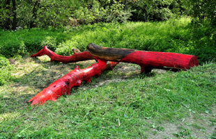 Rothko's Vein by Robbie Scandrett - sculpture installation of dead tree sections & pigment, more...