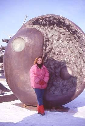 Laury beside sculpture in January 2002