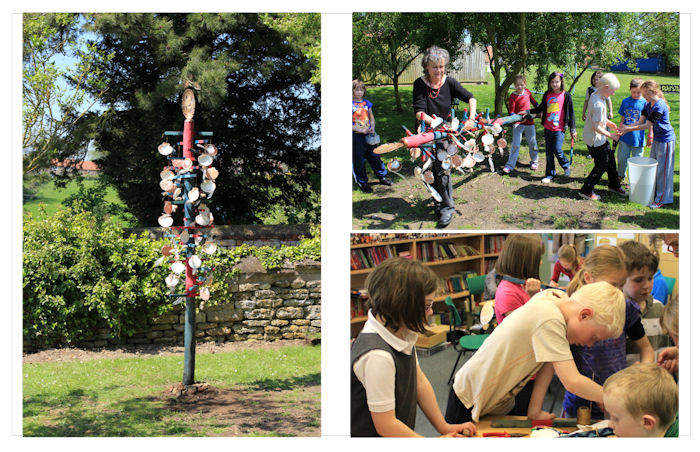 Various images of this totem pole sculpture installation created in a school workshop