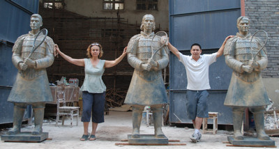 First three Warriors of tennis sculptures: Federer, Nadal and Djokovic